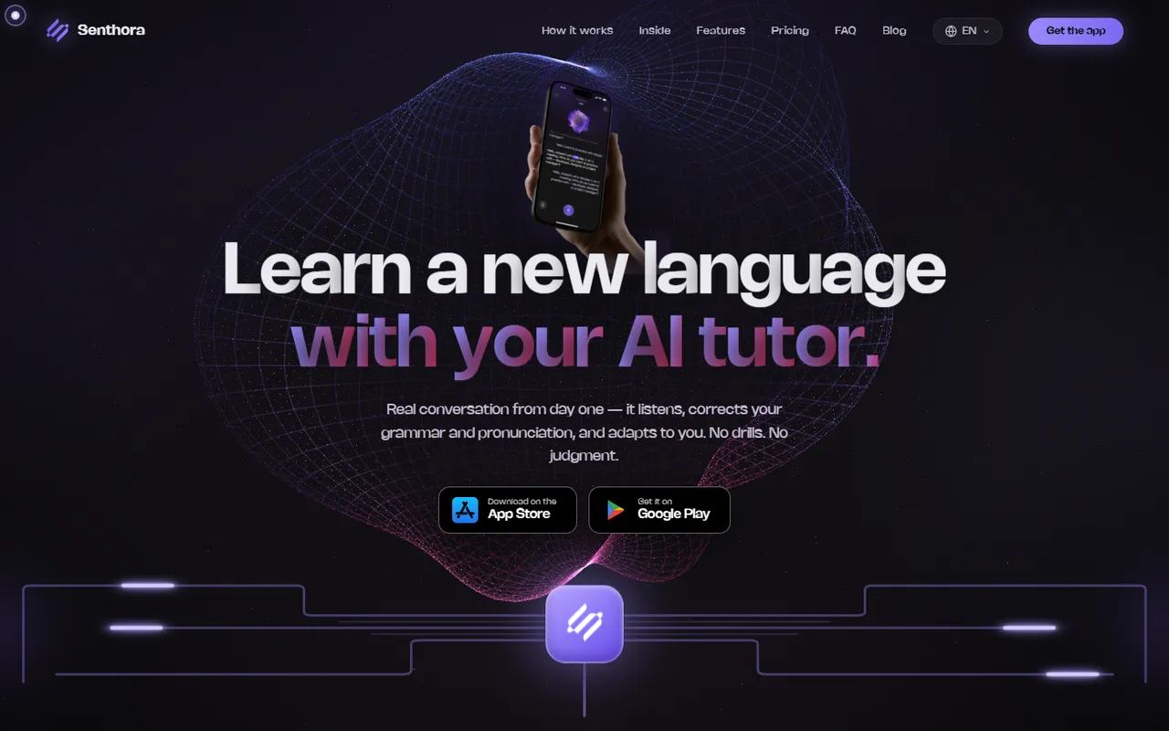 Senthora homepage, first screen